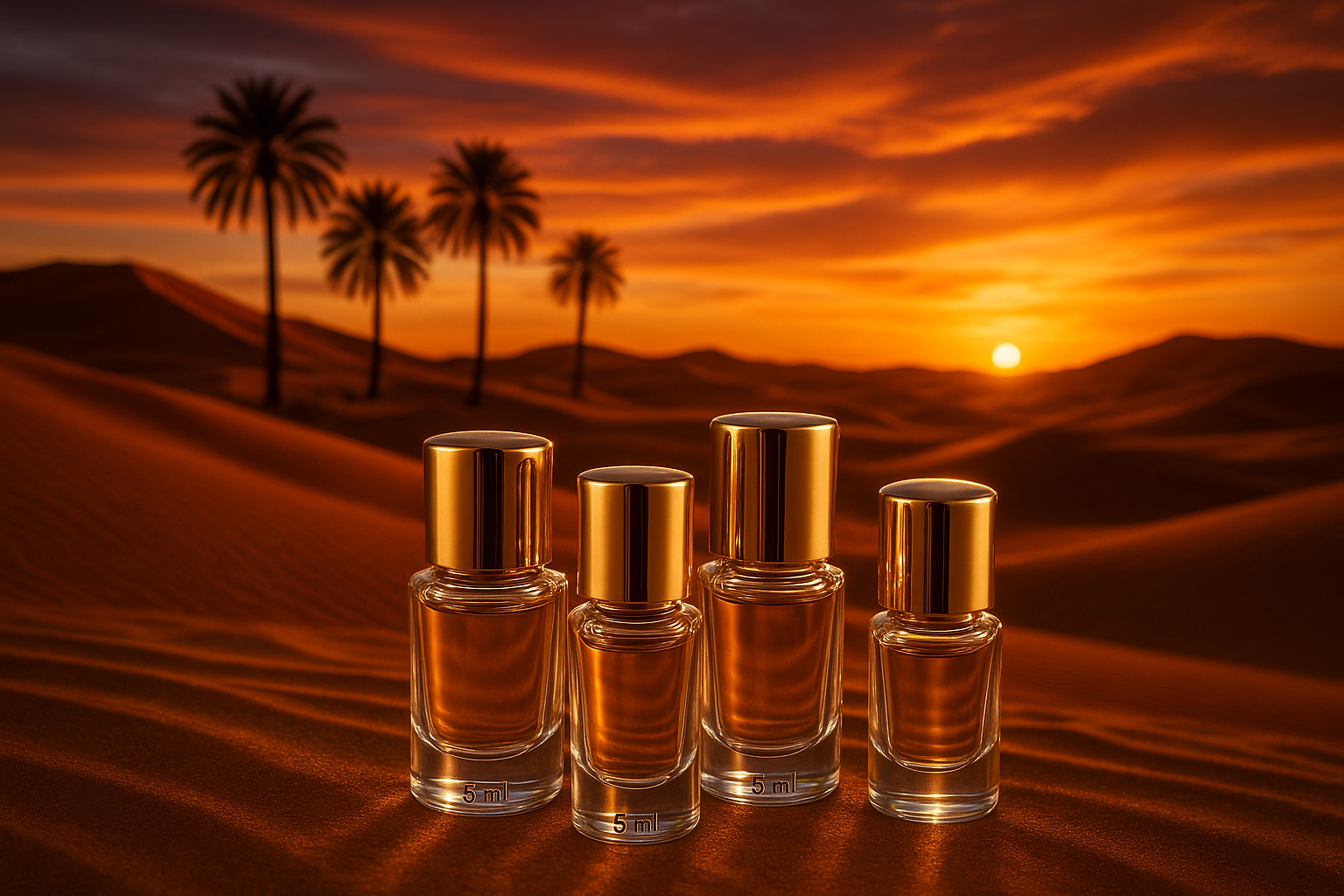 Golden top 5ml perfume bottles, with a background of the arabian desert at sunset